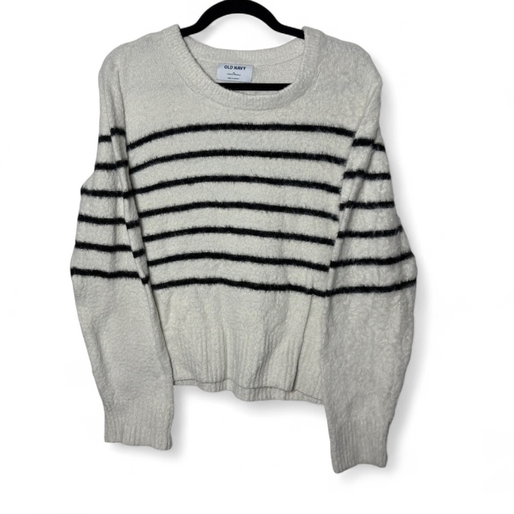 Old Navy Black White Striped Fuzzy Crewneck Sweater XL Cozy Knit